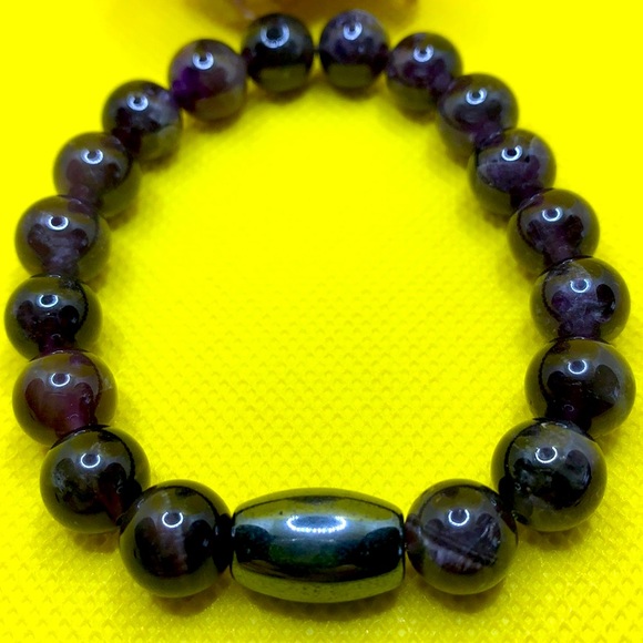 Amethyst Semiprecious Stone and Hematite Handmade Stretch Bracelet ~ 7” ~ NWOT - Picture 3 of 7